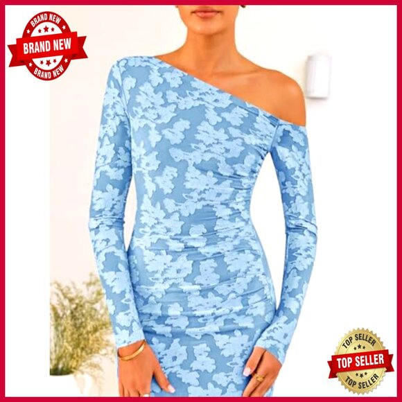 Floral Off Shoulder Bodycon Maxi Dress Elegant Cocktail Party Long Sleeve - Picture 5 of 7